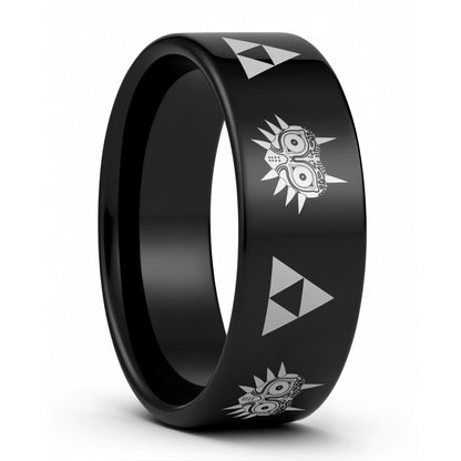 Legend of Zelda Majora Mask Triforce Engraved Black Tungsten Wedding Band
