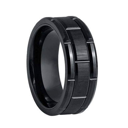 Line Grooved Brushed Black Tungsten Men's Wedding Band