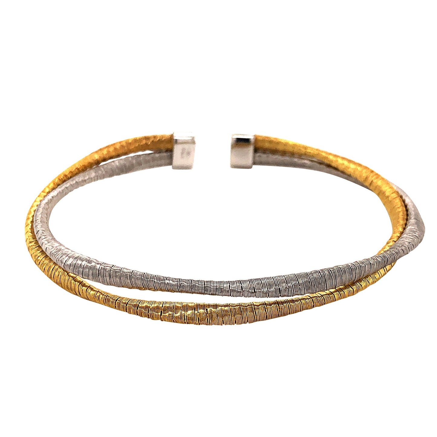 A twisted dual cable two tone bracelet displayed on a neutral white background.
