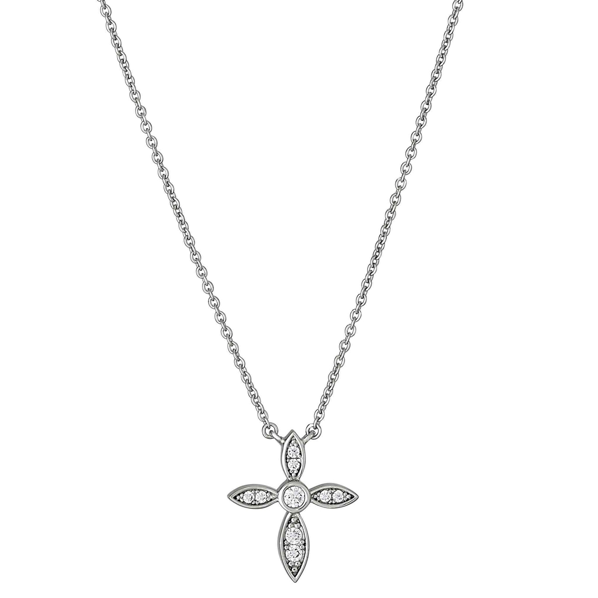 A marquise cross necklace with simulated diamonds displayed on a neutral white background.