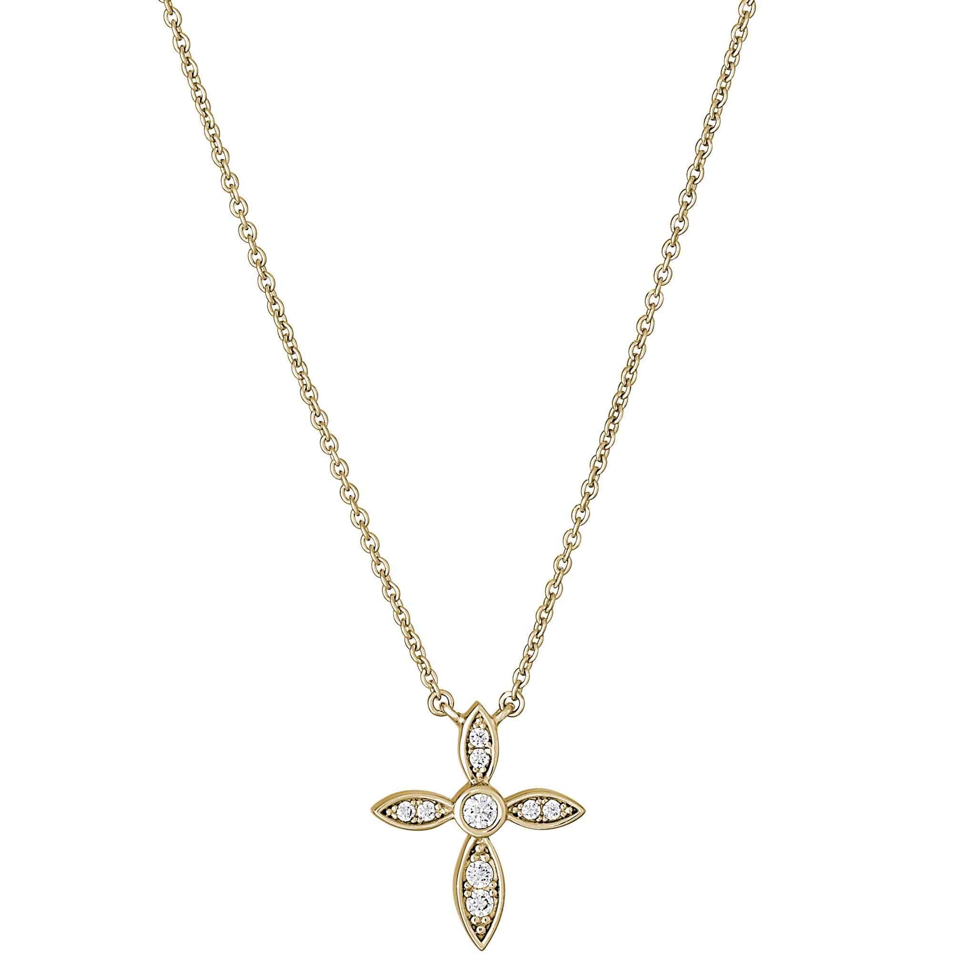 A marquise cross necklace with simulated diamonds displayed on a neutral white background.