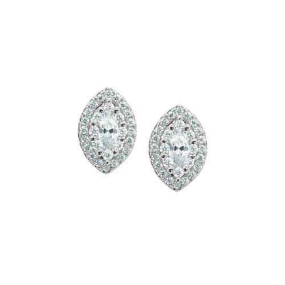 A marquise simulated diamond earrings displayed on a neutral white background.
