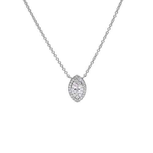 A marquise simulated diamond necklace displayed on a neutral white background.