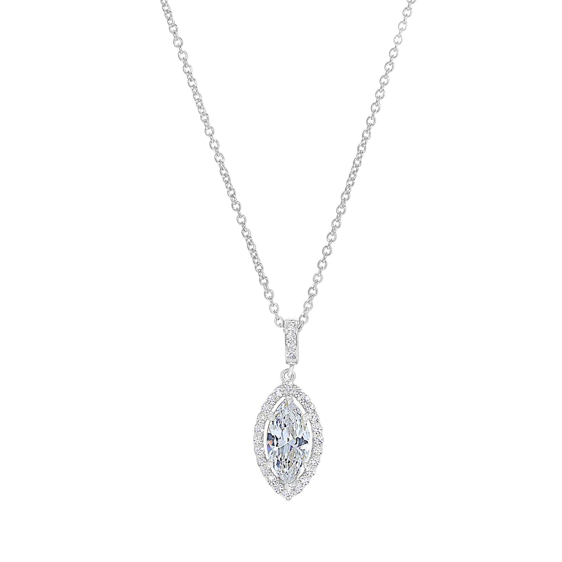 A marquise halo necklace with simulated diamonds displayed on a neutral white background.