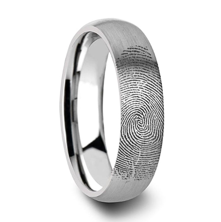 Matte Brushed Domed Tungsten Wedding Band with Custom Fingerprint Engraving