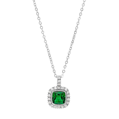 A cushion birthstone necklace with simulated diamonds displayed on a neutral white background.
