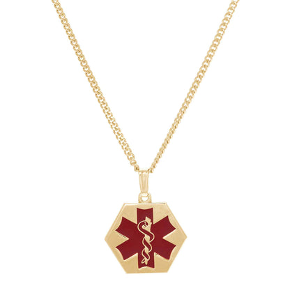 A medical necklace with red epoxy displayed on a neutral white background.