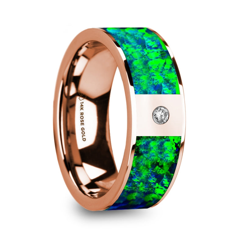 Men's 14k Rose Gold and Green & Blue Opal Inlay Wedding Band with Diamond