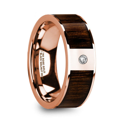 Men's 14k Rose Gold Wedding Band with Black Walnut Inlay & Diamond