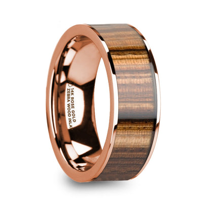 Men's 14k Rose Gold & Zebra Wood Inlay Wedding Band