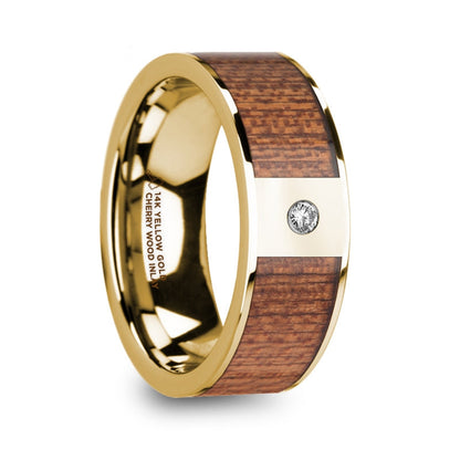 Men's 14k Yellow Gold Wedding Band with Cherry Wood Inlay & Diamond