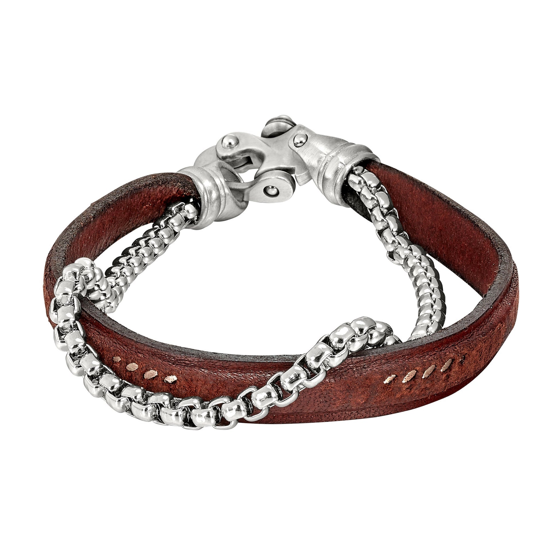 A men's leather cord bracelet with box link chain displayed on a neutral white background.