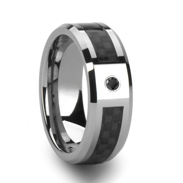 Men's Tungsten Wedding Band with Black Carbon Fiber Inlay & Black Diamond