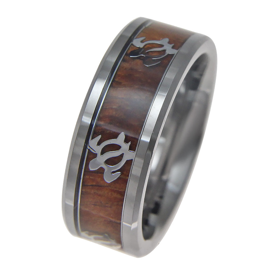 Men's Tungsten Wedding Band with Koa Wood Inlay and Honu Turtle