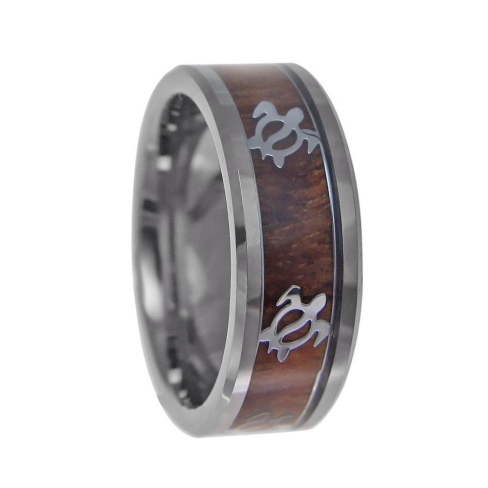 Men's Tungsten Wedding Band with Koa Wood Inlay and Honu Turtle