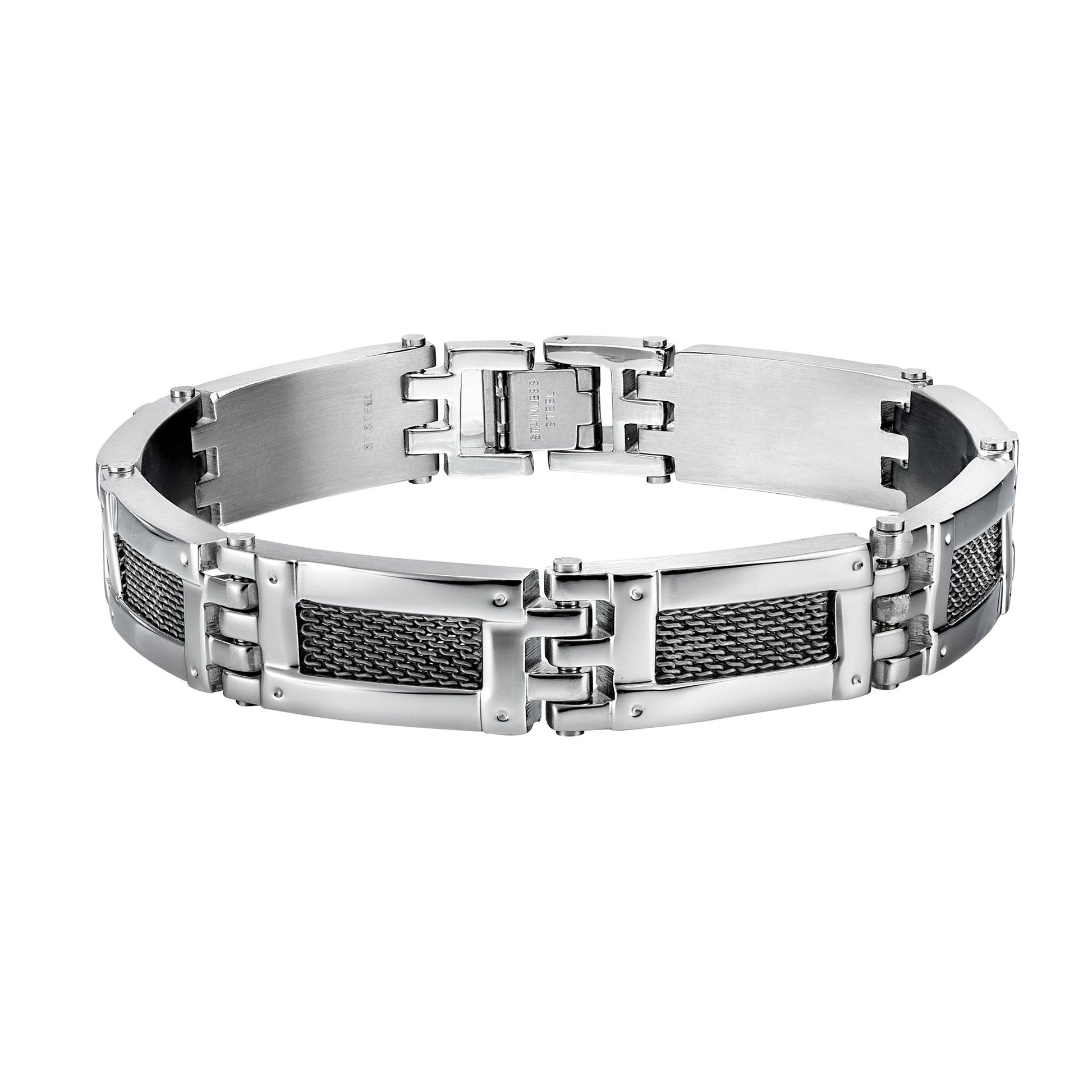 A mesh insert stainless steel men's bracelet displayed on a neutral white background.