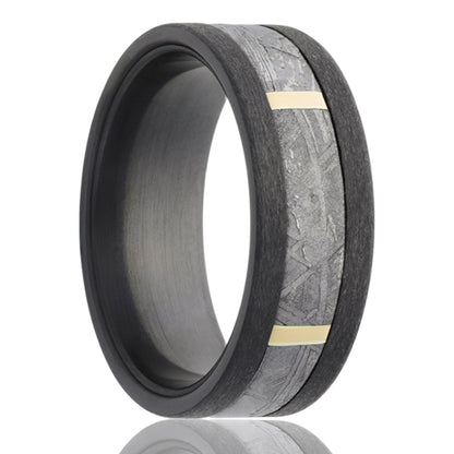 Meteorite & 14k Yellow Gold Inlay Satin Zirconium Wedding Band