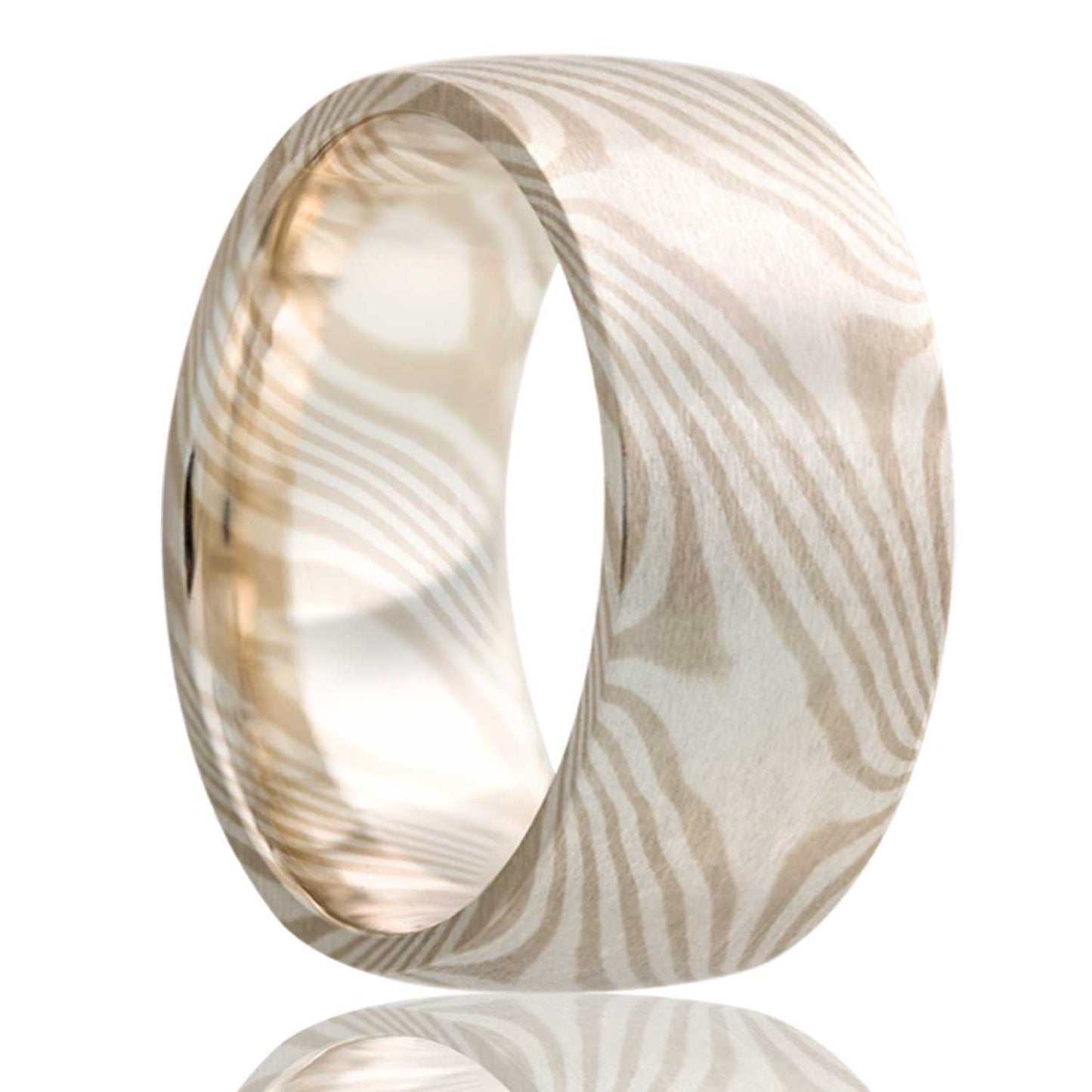 A 14k white gold & sterling silver mokume gane domed wedding band displayed on a neutral white background.