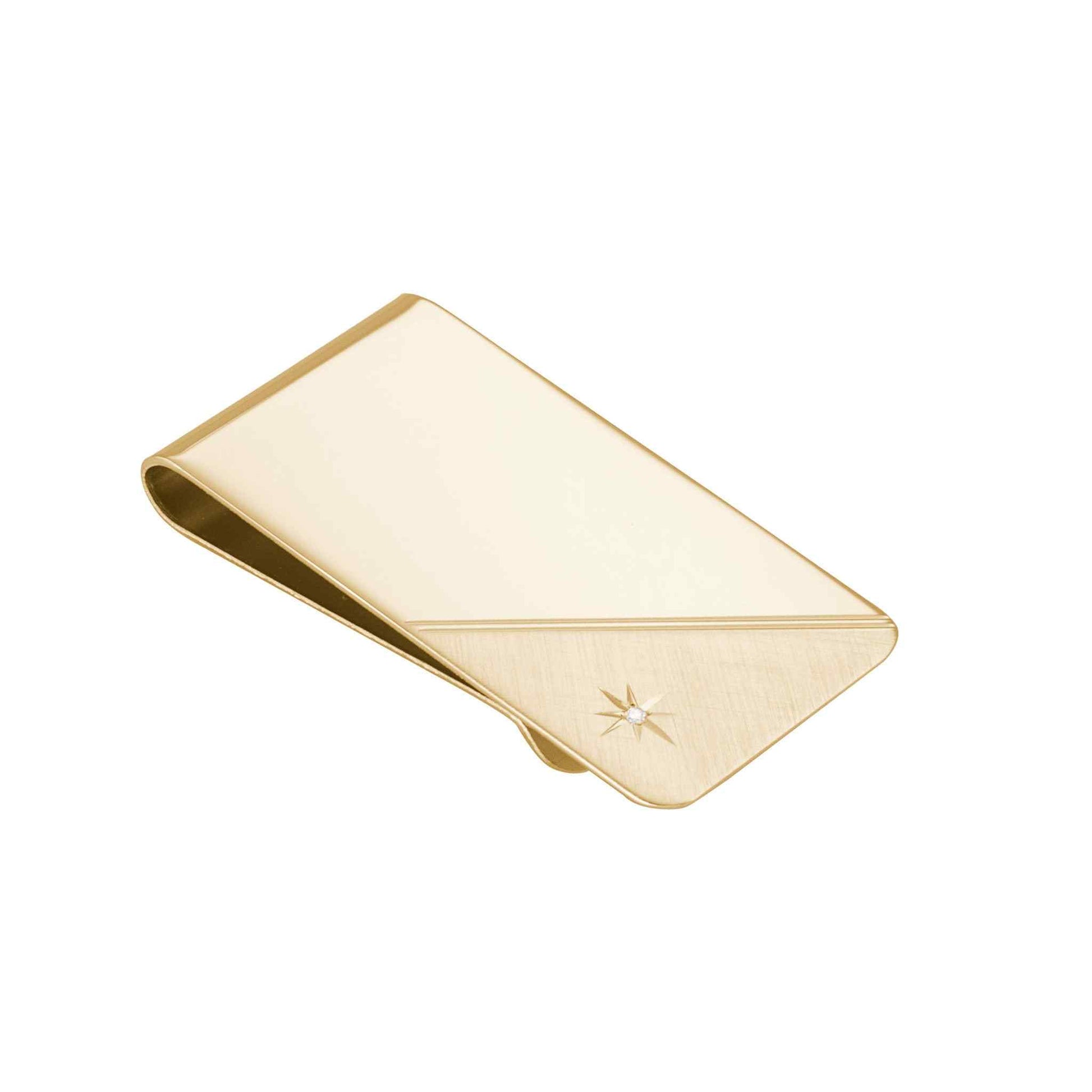 A money clip with diagonal florentine finish & diamond displayed on a neutral white background.