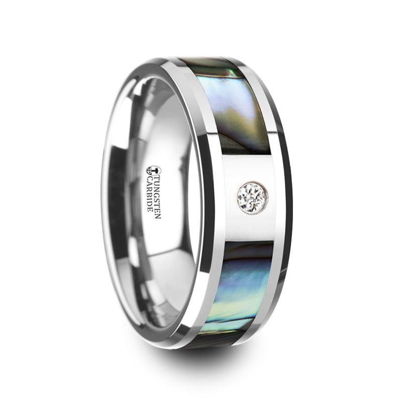 Mother of Pearl Inlay Tungsten Men's Wedding Band with Diamond