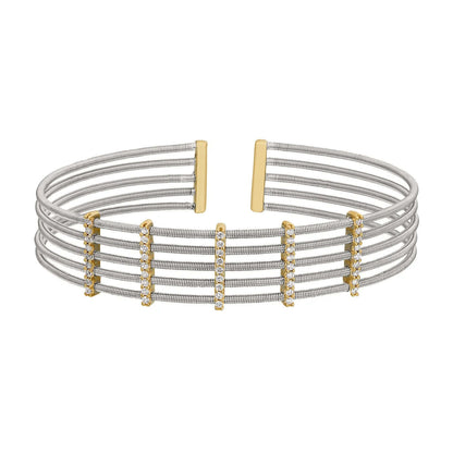 A flexible cable sterling silver bracelet with vertical bars of simulated diamonds displayed on a neutral white background.