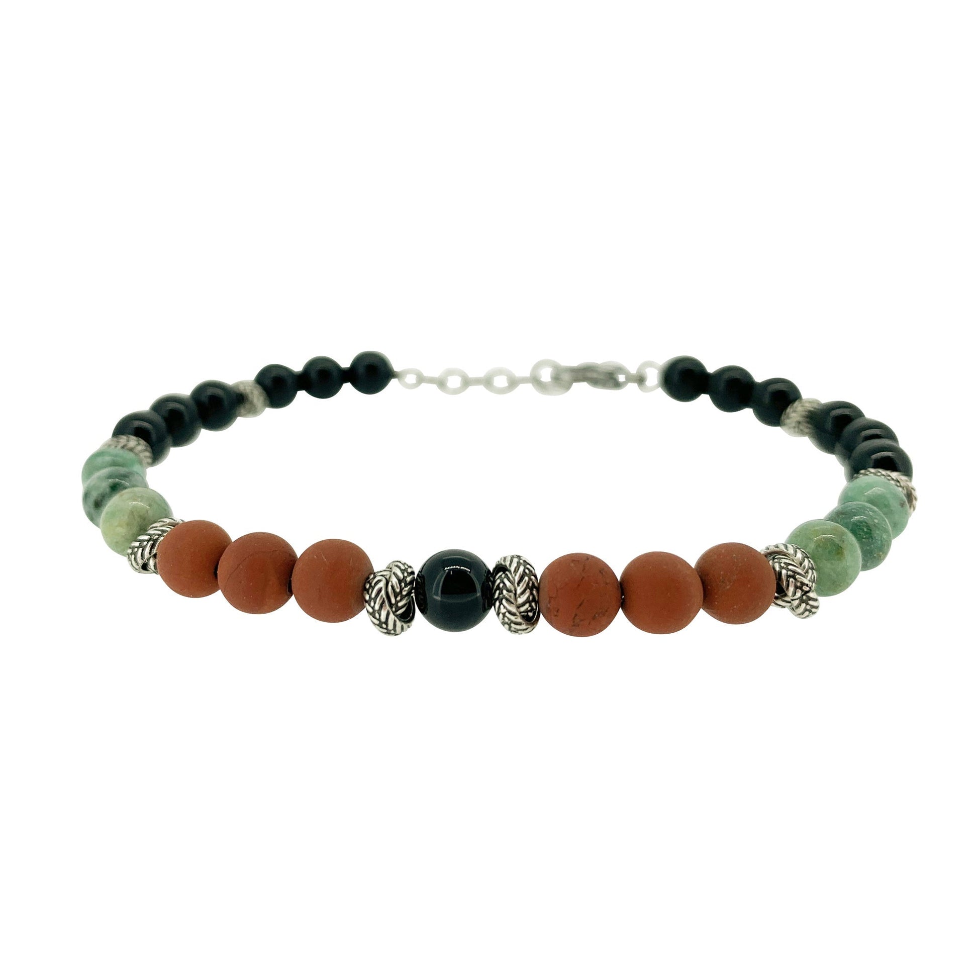 A multicolored beaded stone bracelet displayed on a neutral white background.