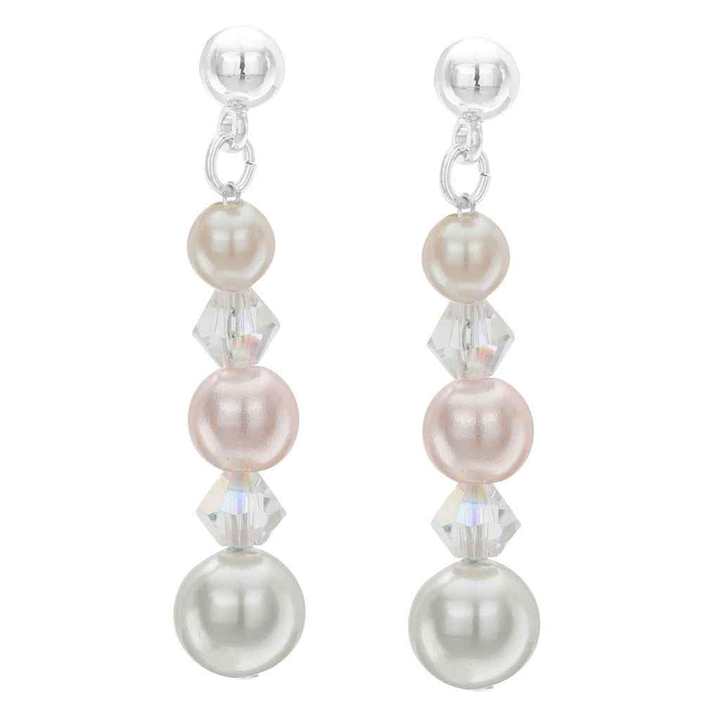 A multicolored glass pearl drop earrings displayed on a neutral white background.