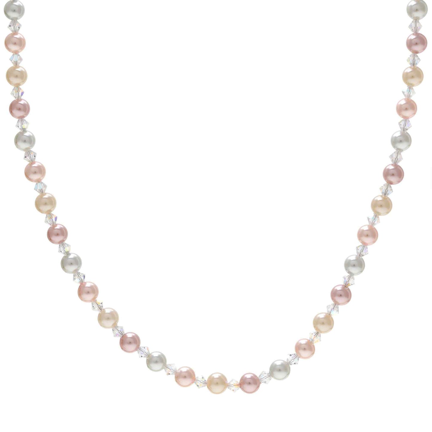 A multicolored glass pearl necklace displayed on a neutral white background.