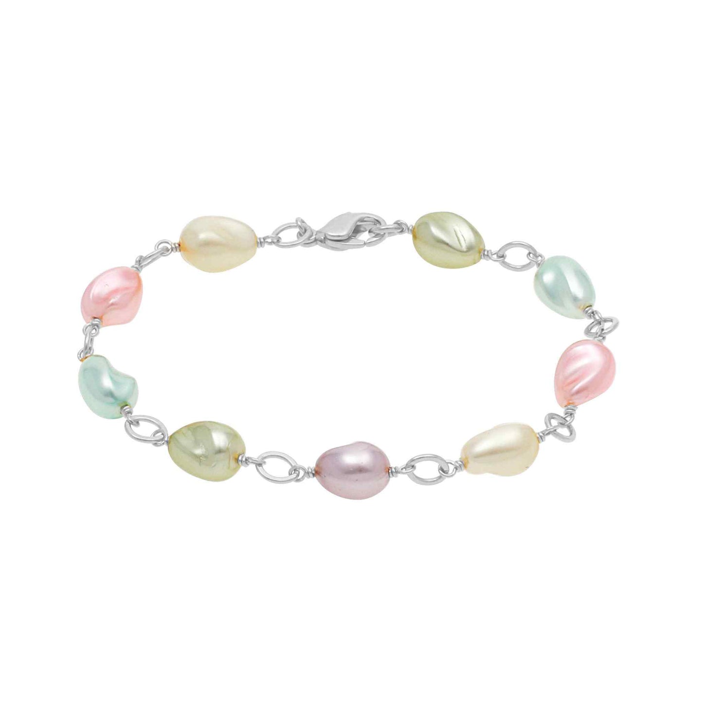 A multicolored tin cup bracelet displayed on a neutral white background.