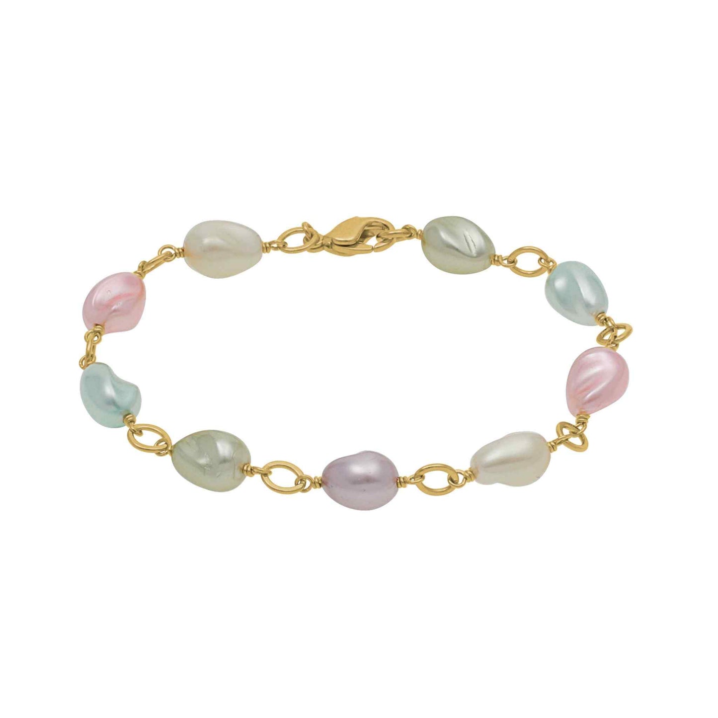A multicolored tin cup bracelet displayed on a neutral white background.