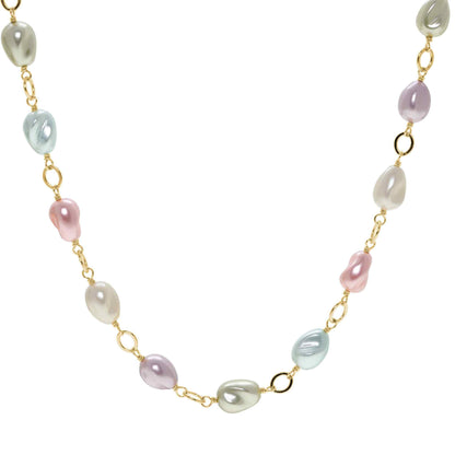 A multicolored tin cup necklace displayed on a neutral white background.