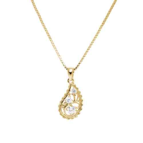 A simulated diamond paisley teardrop necklace displayed on a neutral white background.