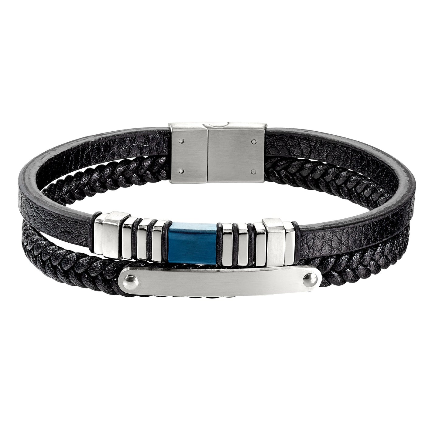 A navy blue leather 2 cord bracelet with blue stainless steel bar displayed on a neutral white background.