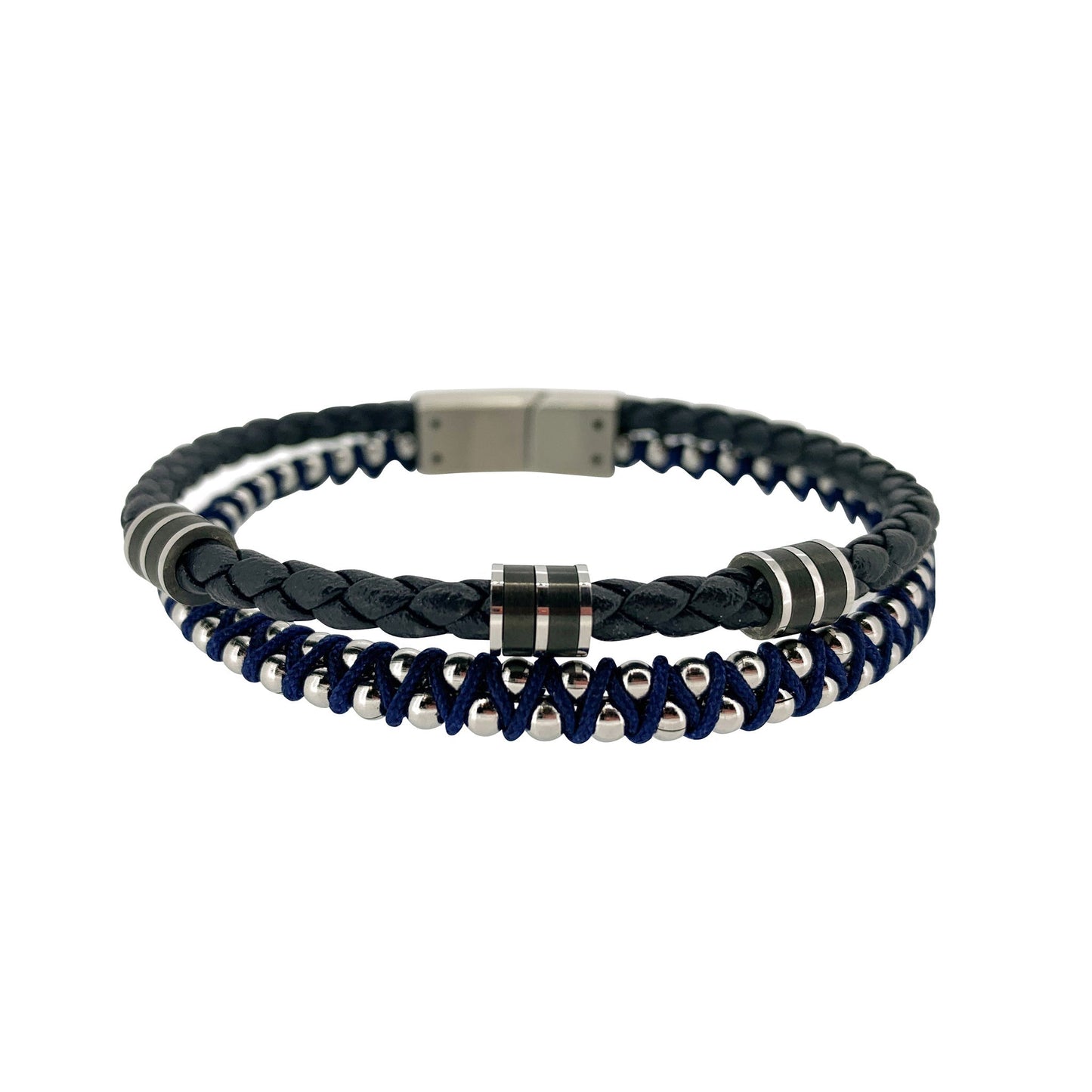 A navy blue leather 2 cord bracelet with stainless steel beading displayed on a neutral white background.