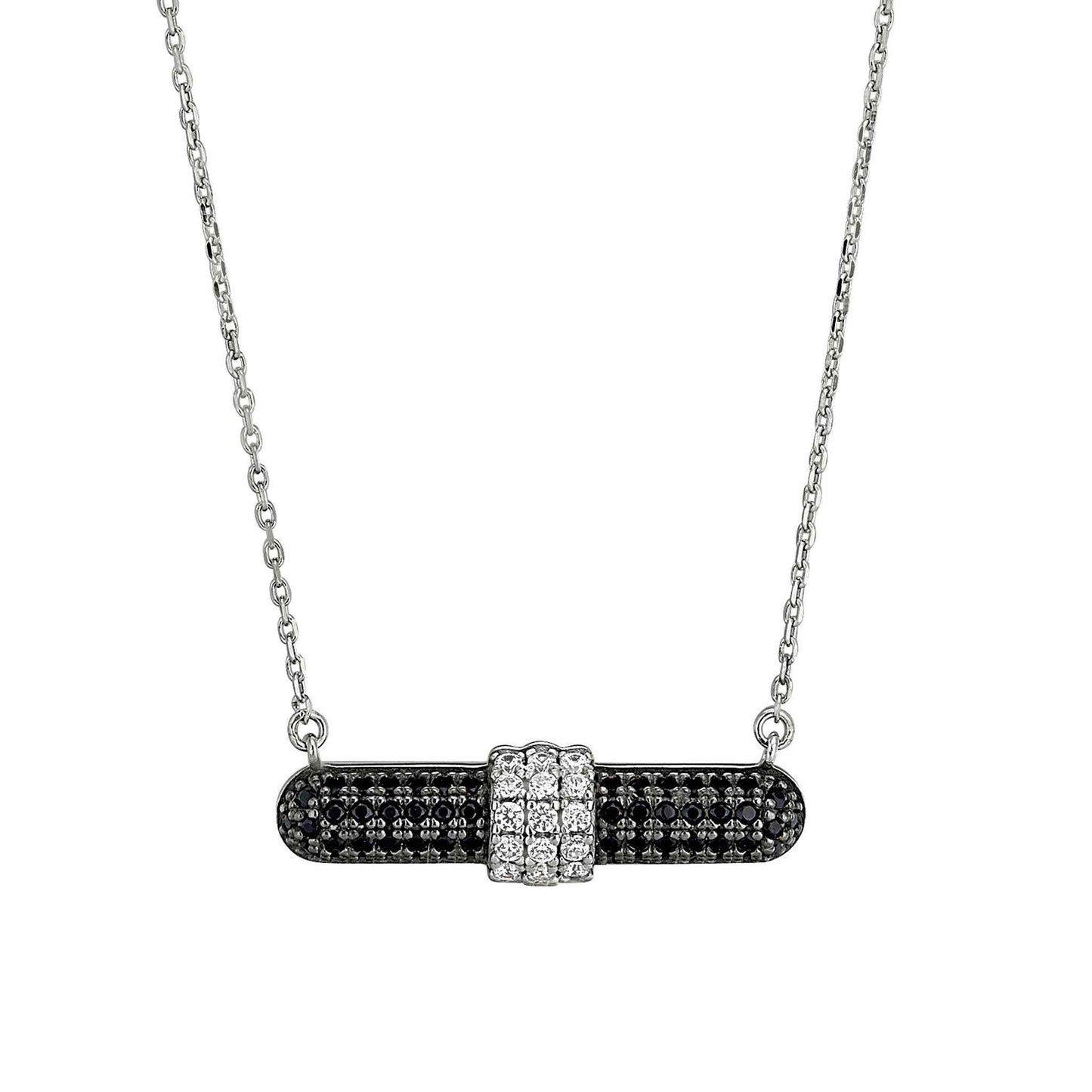 A necklace with black & white simulated diamonds displayed on a neutral white background.