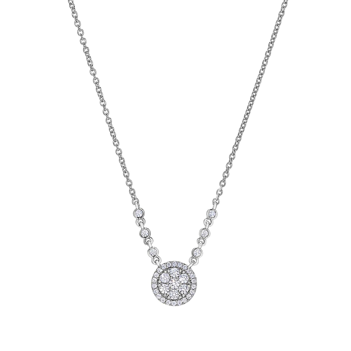 A necklace with simulated diamonds displayed on a neutral white background.
