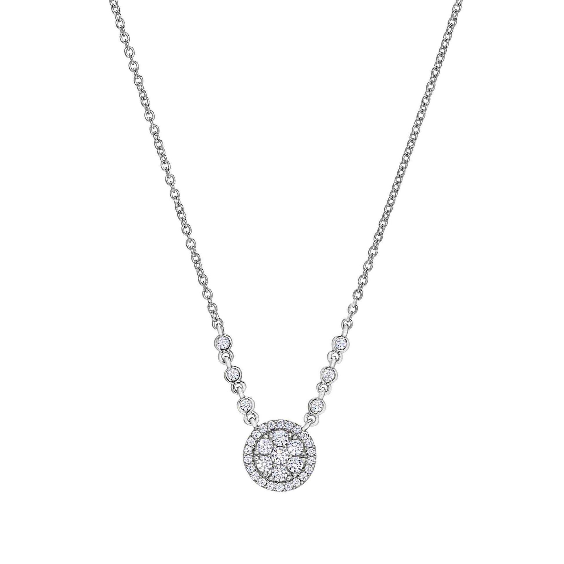 A necklace with simulated diamonds displayed on a neutral white background.