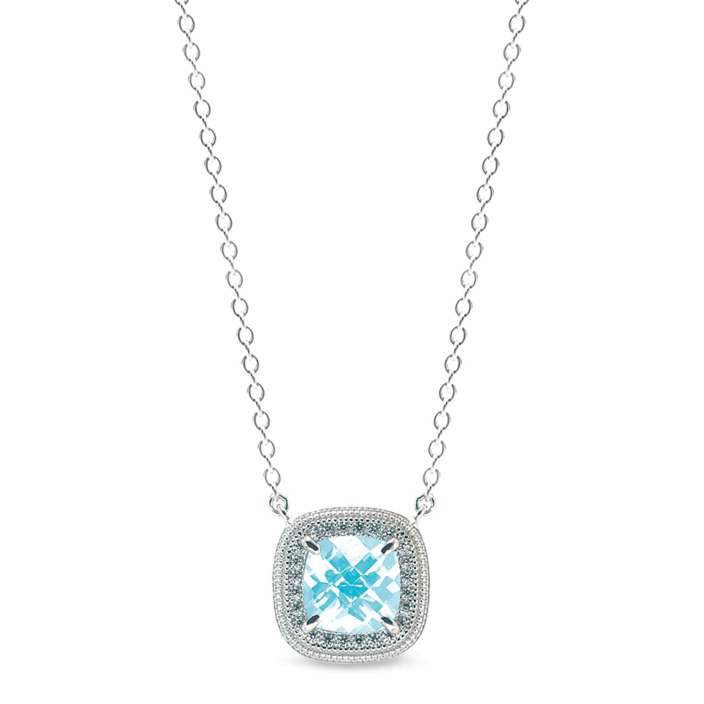 A necklace with simulated aquamarine & diamonds displayed on a neutral white background.