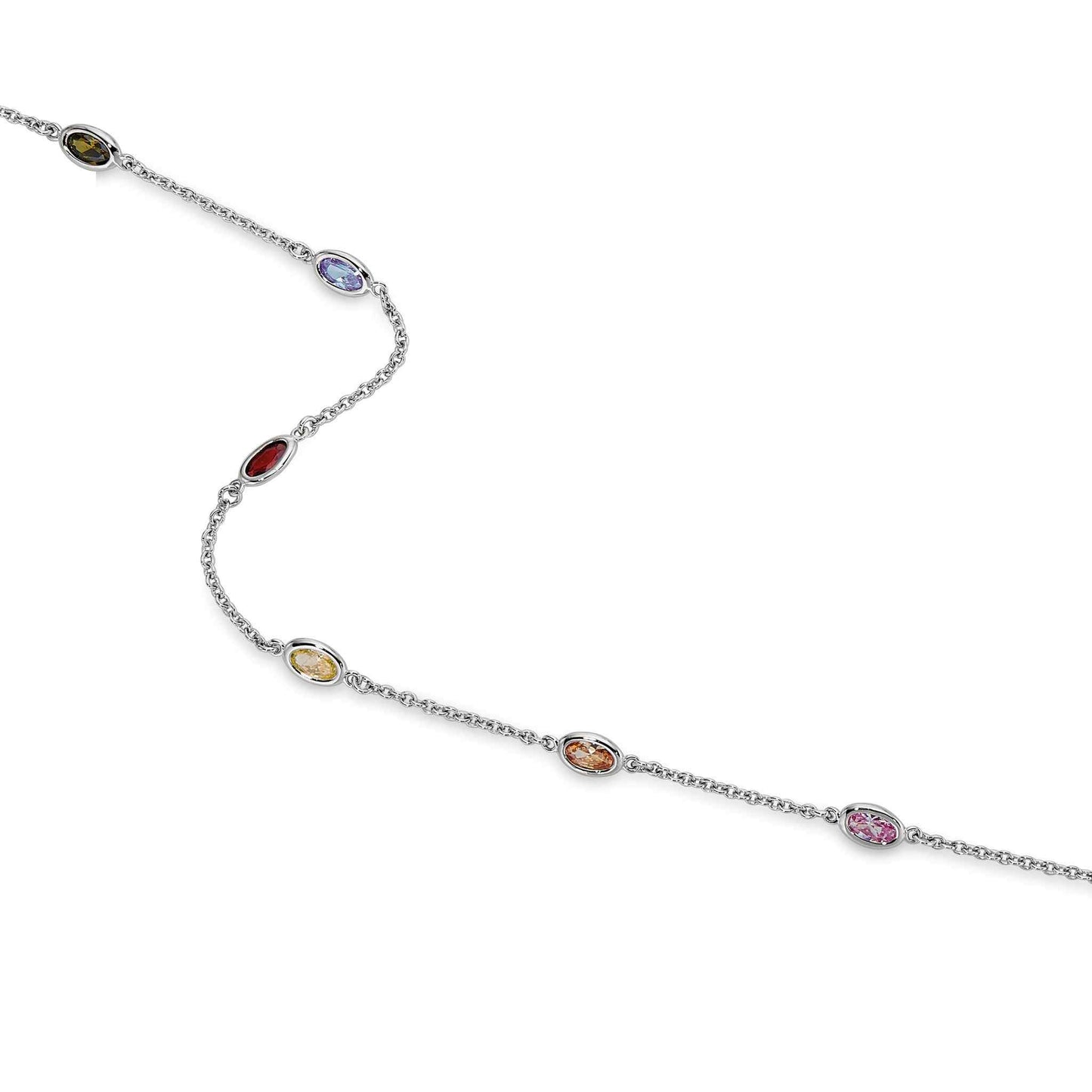 A station necklace with colored stones displayed on a neutral white background.