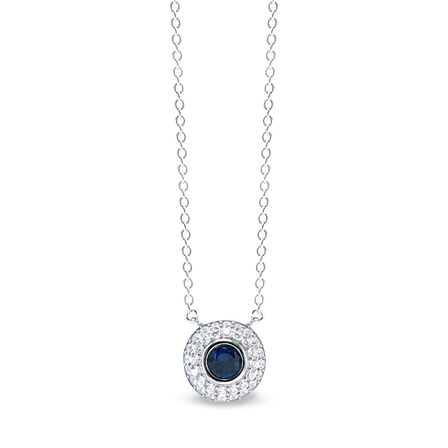 A necklace with synthetic blue sapphire and simulated diamonds displayed on a neutral white background.