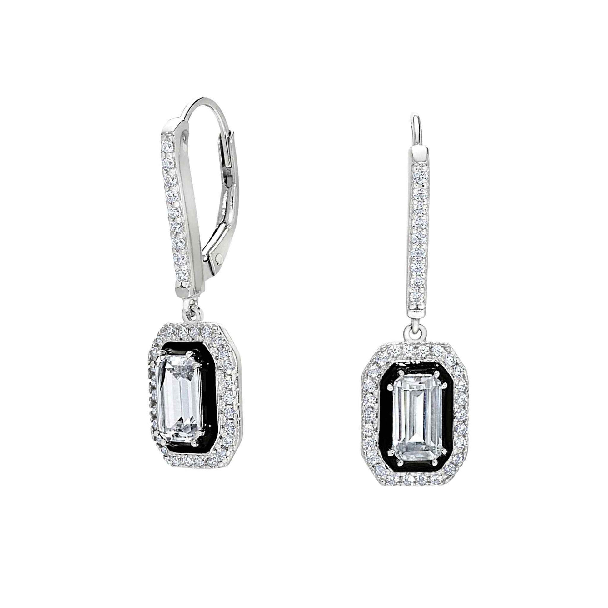 A octagon earrings with black enamel and simulated diamonds displayed on a neutral white background.