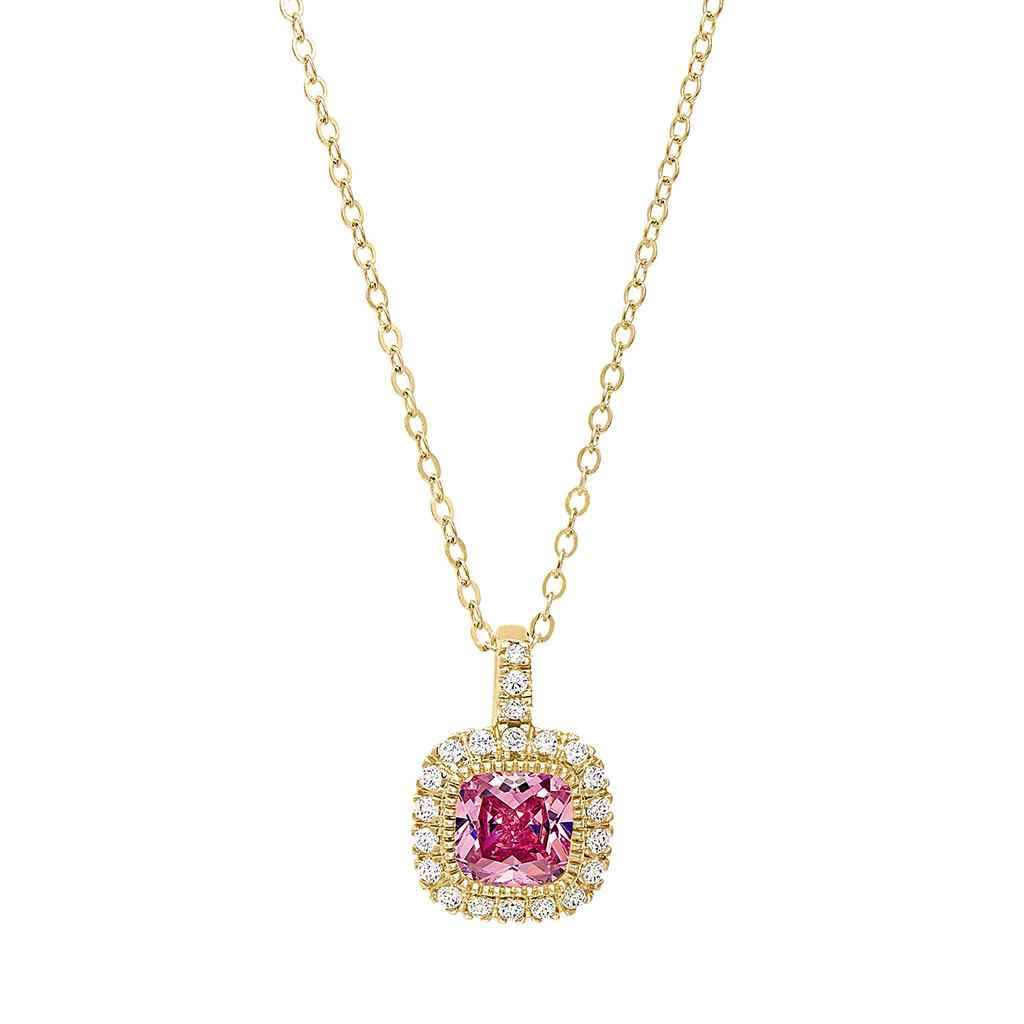 A cushion birthstone necklace with simulated diamonds displayed on a neutral white background.