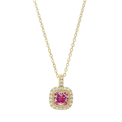 A cushion birthstone necklace with simulated diamonds displayed on a neutral white background.