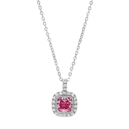 A cushion birthstone necklace with simulated diamonds displayed on a neutral white background.