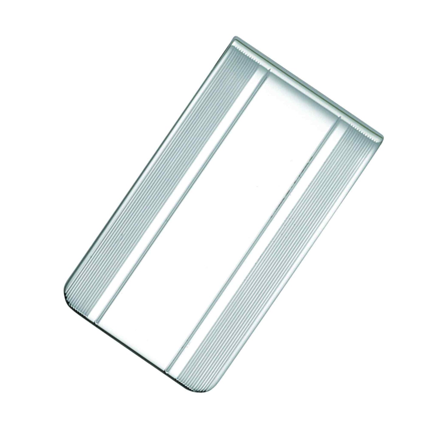 A 1" sterling silver money clip with engine-turned borders displayed on a neutral white background.