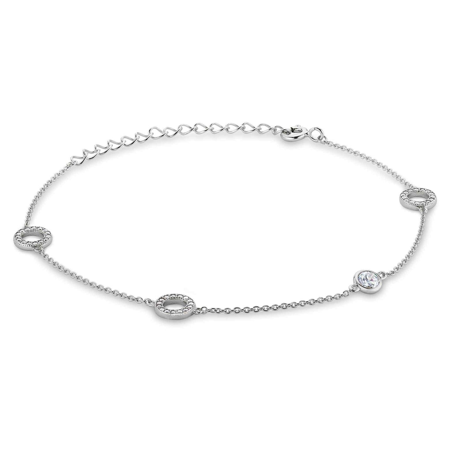 A open circle and bezel adjustable bracelet with simulated diamonds displayed on a neutral white background.
