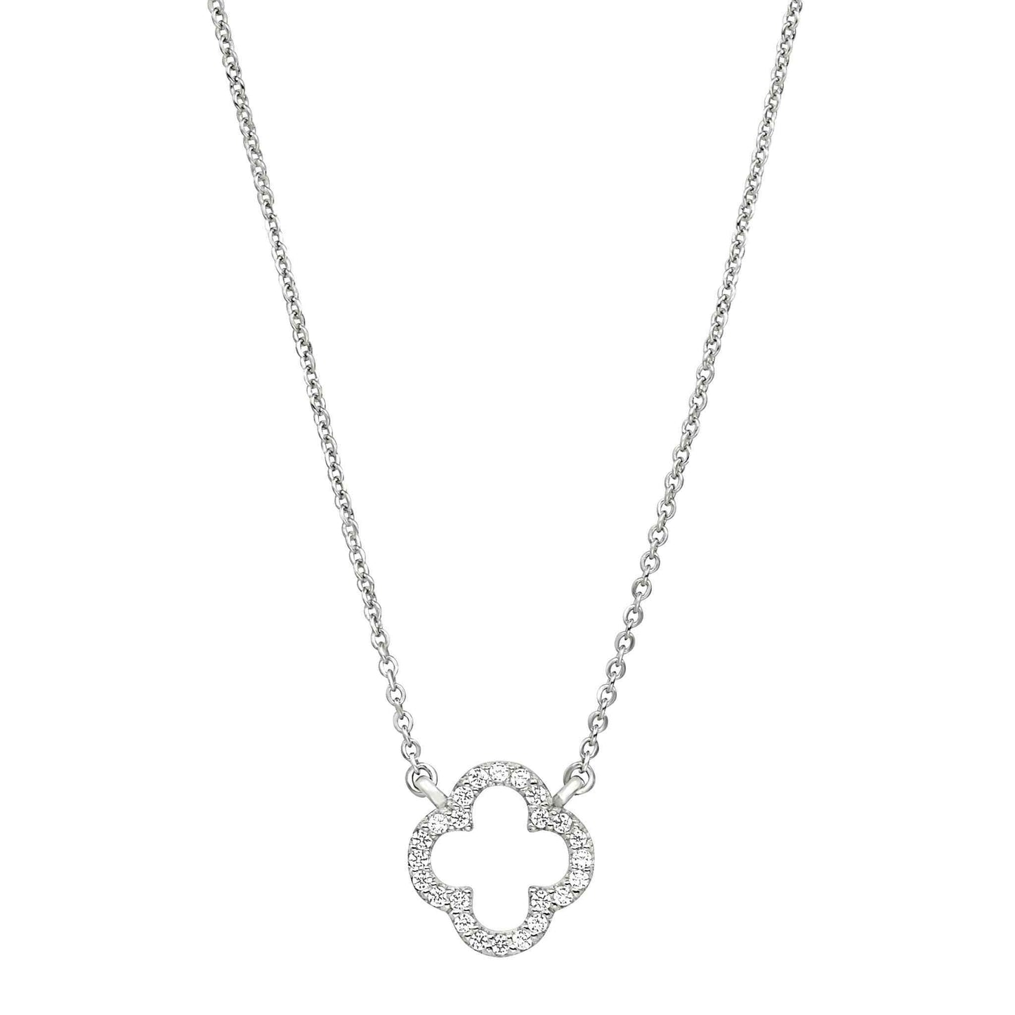 A open clover necklace with simulated diamonds displayed on a neutral white background.