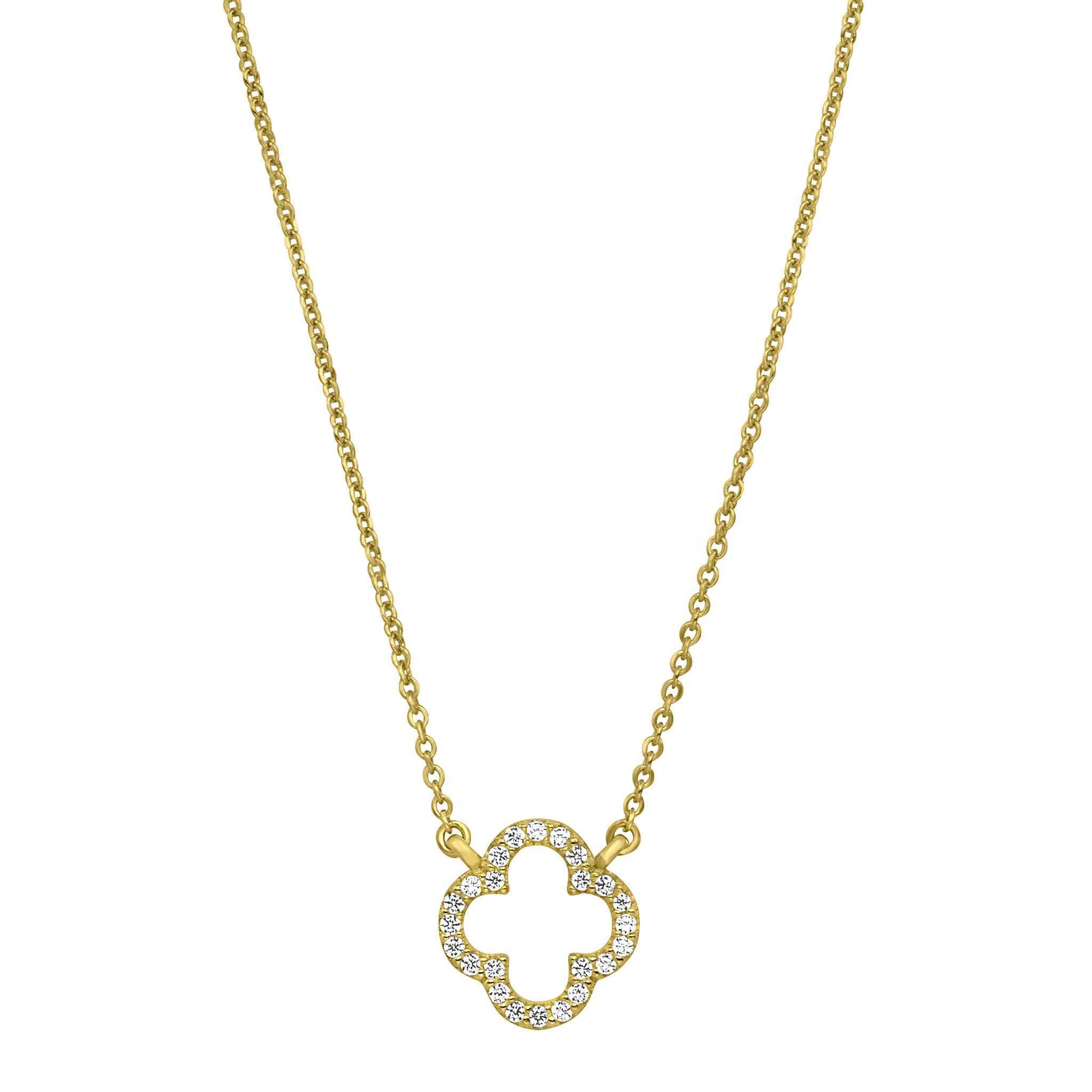 A open clover necklace with simulated diamonds displayed on a neutral white background.