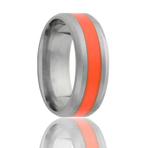 Orange Stripe Inlay Titanium Wedding Band with Beveled Edges