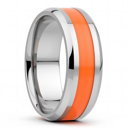 Orange Stripe Inlay Titanium Wedding Band with Beveled Edges